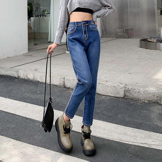 Hot selling women's denim cropped pants with bullets and small round nails
