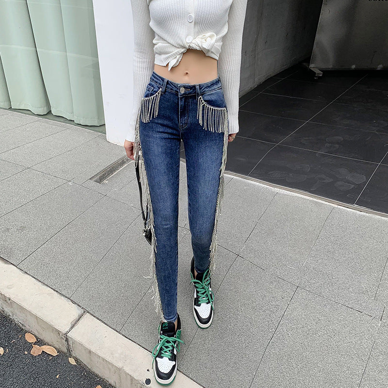 Cool Japanese and Korean Leisure Fashion Simple High Elastic Medium Thick Narrow Leg Diamond Tassel Women's Denim Pants