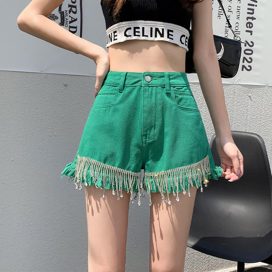 Women's casual split denim shorts with elastic split edges and green denim shorts