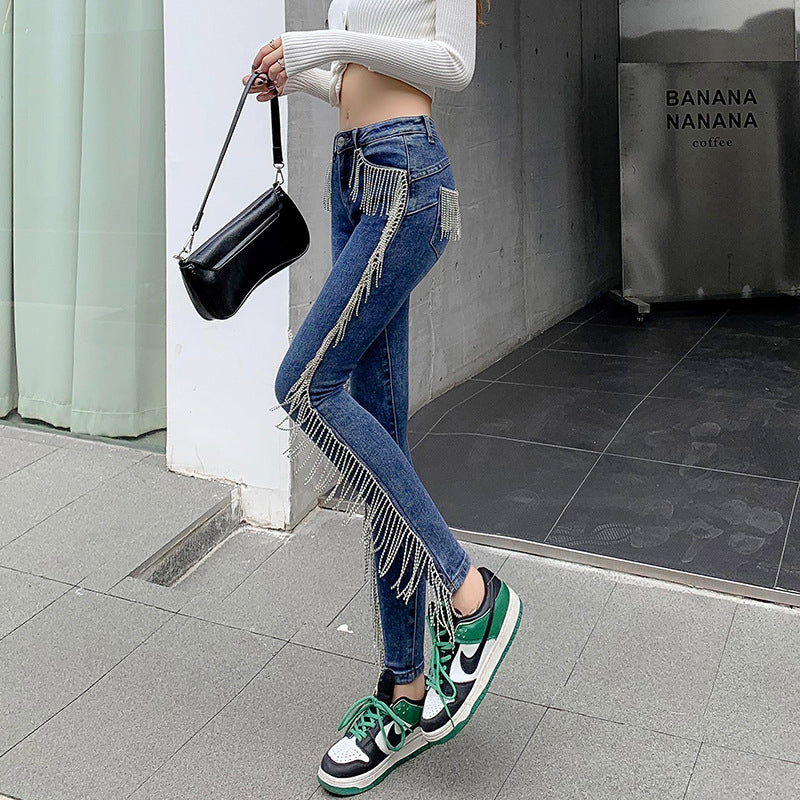 Cool Japanese and Korean Leisure Fashion Simple High Elastic Medium Thick Narrow Leg Diamond Tassel Women's Denim Pants